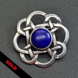 925 Silver Brooch Celtic Knot with Lapis Lazuli Blue Cabochon Stone
