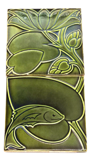 Arts & Crafts Voysey Pilkington's Green Fish & Leaf Tile Panel C1902