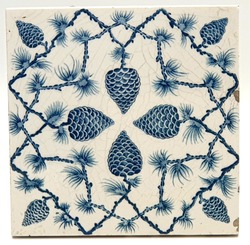 Victorian Transfer-Print Blue & White Tile Pine Cones Design By Marsden C1891