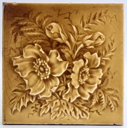 Antique Fireplace Tile Sherwin & Cotton Majolica Brown Glaze Roses Tile 1900