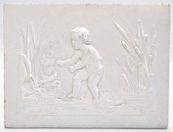 Antique White Glaze Majolica Tile Boy/Cherub In A Lake