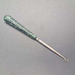 Antique Large Steel with Green Plastic Marbled Handle Button Hook