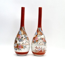 Pair of Japanese Kutani Hand Painted Bottle Vases Onion Shape Meiji Period