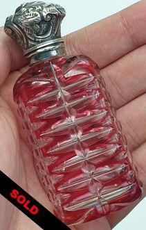 Antique Victorian Cranberry Cut to Clear Glass Silver Top Scent/Perfume Bottle
