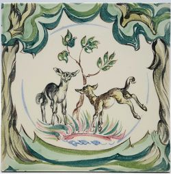 Vintage Hand Painted Ceramic Goats Design Tile by Packard & Ord C1951 AE1