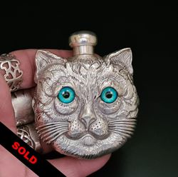 800 Silver Perfume Scent Bottle Double Sided Cat With Blue Eyes