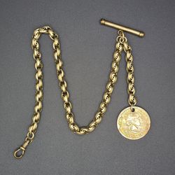 Antique Brass Albert Pocket Watch Chain with Coin