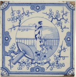 Antique Minton Fireplace Tile Blue & White Japonesque Style Lady C1885