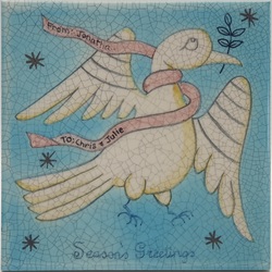 Vintage Hand-Painted Ceramic Tile Seasons Greetings By Jonathan Waights C1990