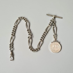 Albo Silver Albert Pocket Watch Chain with 1887 Silver Proof Victoria Shilling