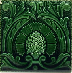 Antique Moulded Majolica 8" Tile Green Glaze Floral Minton Hollins & Co C1880