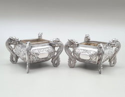 Pair Of Chinese Export Solid Silver Dragons Open Salts H-Kong Tien Shing C1900