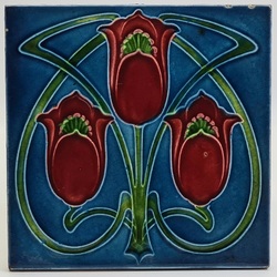 Antique Fireplace Tile Moulded Majolica Triple Red Tulips C1905