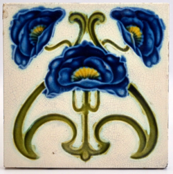 Art Nouveau Moulded Majolica Tile Blue Flowers Corn Bros C1905