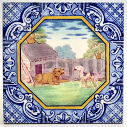 Victorian Tile Polychrome Two Dogs Dutch Border Minton Hollins & Co C1880
