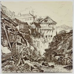 MINTONS VIEWS SERIES TILE - The Alps Village of Splügen, L.T Swetnam c1885