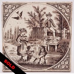 Victorian Fireplace Tile Children Playing Brown Transfer Printed C1890