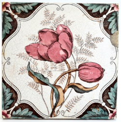 Antique Fireplace Tile Print & Tint Flower Design C1890