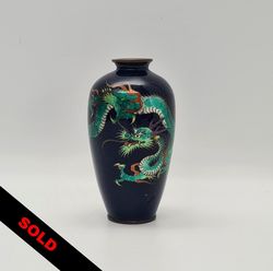 Antique Japanese Cloisonne Ginbari Foil & Silver Wire Green Dragon Vase