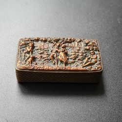 Rare Victorian Snuff Box Repousse Copper Lid On Brass
