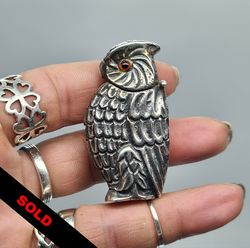 Sterling Silver Owl Form Vesta Case Match Safe with Glass Eyes